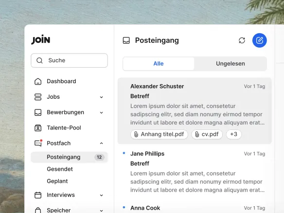 TalentGleam Kandidaten-Kommunikation als Timeline auf einem Profil