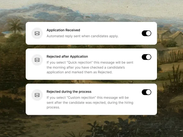 TalentGleam template editor showing a rejection email with merge fields