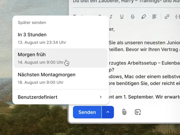 TalentGleam Verfassen-Fenster mit einem geplanten Versand-Picker für Dienstag 10 Uhr