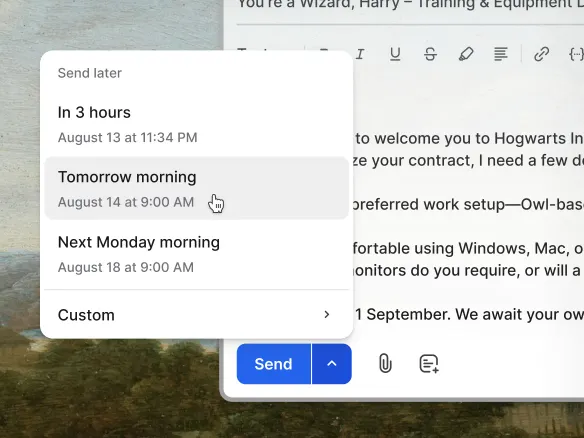 TalentGleam compose window with a scheduled-send picker showing Tuesday 10am
