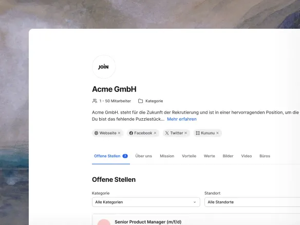 Gebrandete TalentGleam-Karriereseite mit individuellen Farben, Logo und offenen Stellen