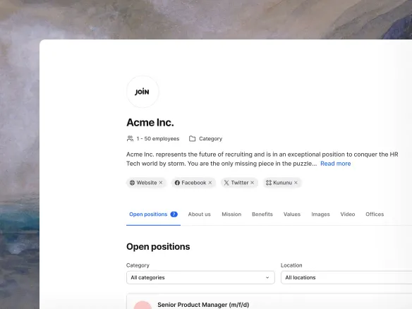 Branded TalentGleam careers page showing custom colours, logo, and open job listings