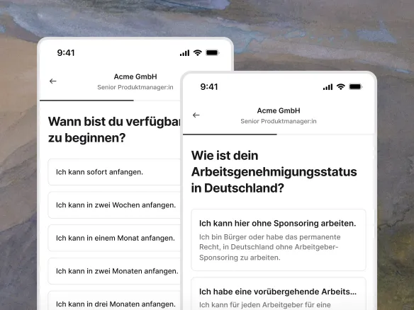 Mobiles Bewerbungsformular auf einer TalentGleam-Karriereseite mit LinkedIn- und CV-Upload-Optionen