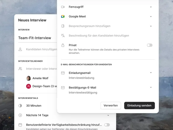 Interview-Stufen-Konfiguration in TalentGleam mit vier sequentiellen Stufen, Dauern und Interviewern