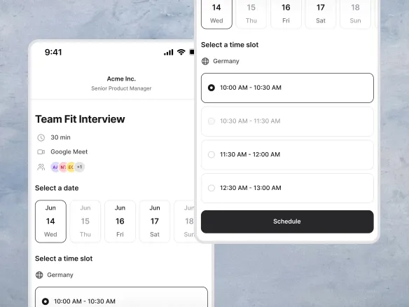 TalentGleam displaying interview availability across several calendars