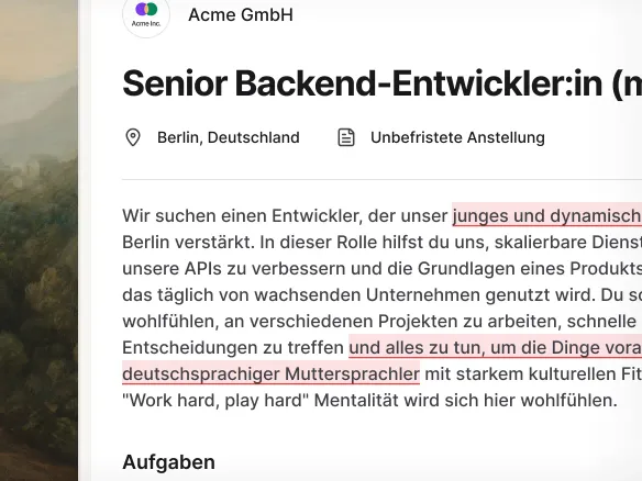 Bias-Flagging- und Keyword-Score-Panel auf einem Stellenanzeigen-Entwurf in TalentGleam