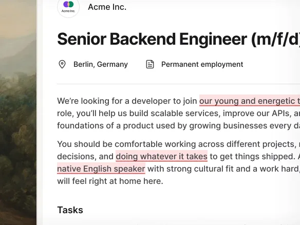 Bias-flagging and keyword score panel on a job description draft in TalentGleam