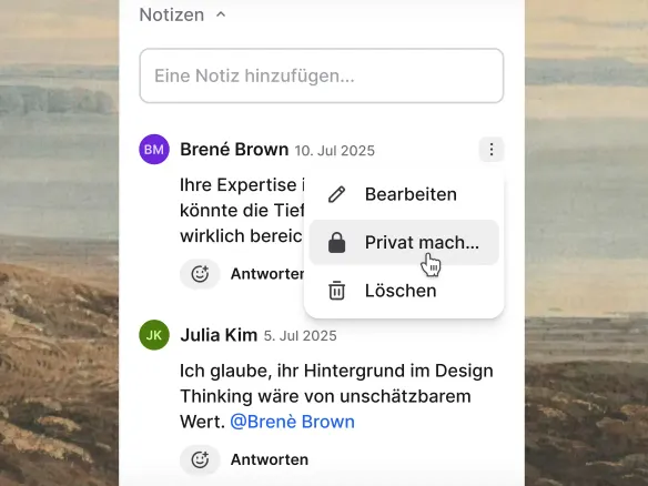 TalentGleam-Notiz-Editor mit Sichtbarkeits-Auswahl: privat, Hiring-Team, eingeschränkt auf bestimmte Personen