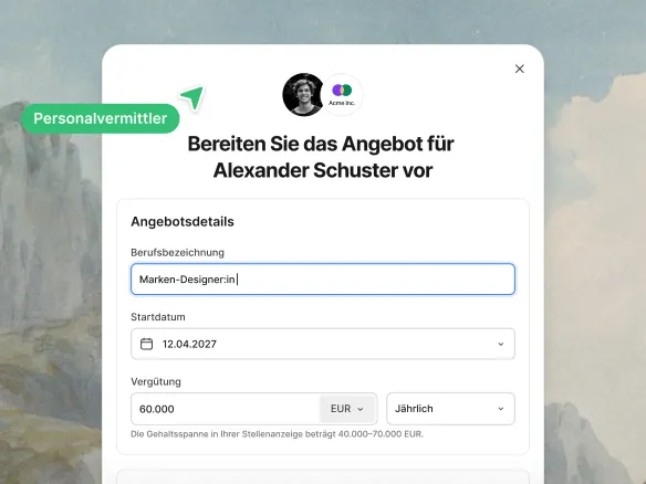 TalentGleam-Angebotseditor im Kandidat:innenprofil mit Gehalt, Startdatum und E-Mail-Vorschau