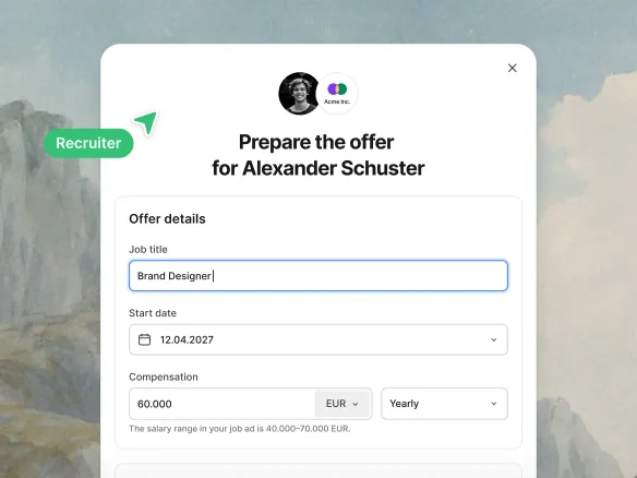 TalentGleam offer composer on a candidate profile showing salary, start date, and an email preview