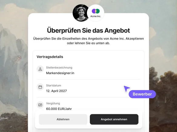 E-Mail-Ansicht der Kandidat:in zum Annehmen oder Ablehnen, mit der Antwort zurück im TalentGleam-Kandidat:innenprofil