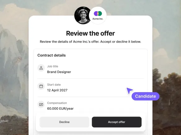 Candidate's accept-or-reject email view, with the response logged back on the TalentGleam candidate profile