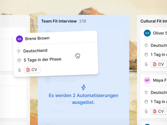 Visueller Recruiting-Workflow-Editor in TalentGleam mit Phasenwechsel-Trigger und E-Mail-Aktion