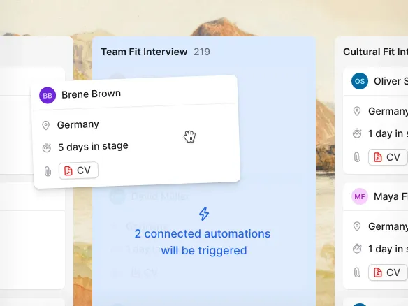 Visual recruiting workflow editor in TalentGleam showing a stage-move trigger connected to a templated email action