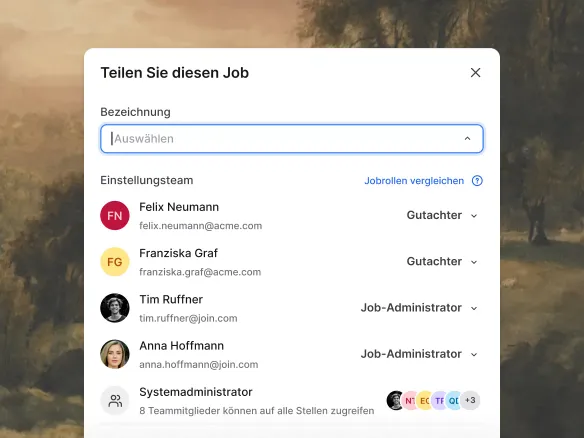 Workspace-Ansicht in TalentGleam: eine Person hat nur Zugriff auf die zwei ihr zugewiesenen Stellen, alle anderen sind ausgeblendet