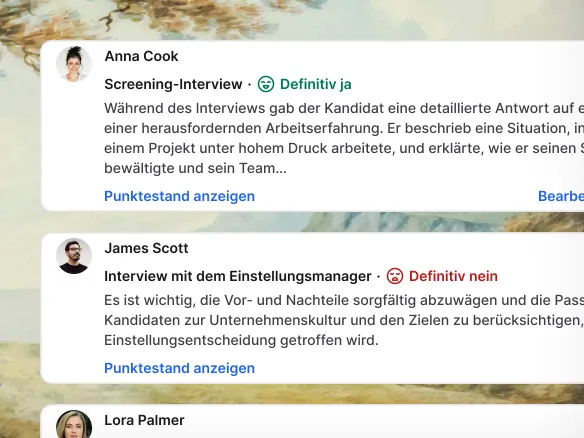 Kandidat:innenprofil in TalentGleam mit aggregierten Scorecard-Bewertungen des Panels und Notizen der Interviewer:innen