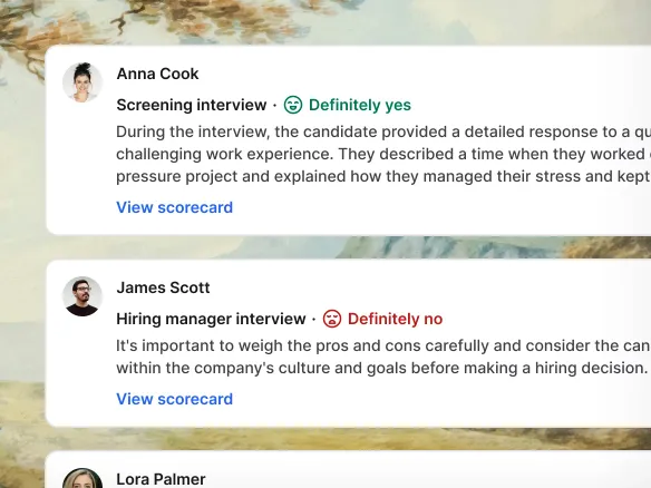 Candidate profile in TalentGleam showing aggregated panel scorecard ratings and interviewer notes