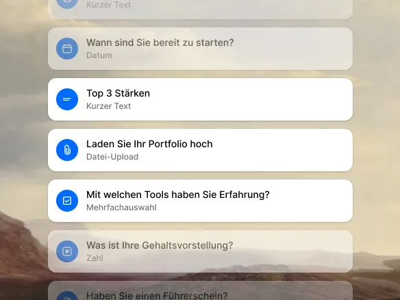 Screening-Fragetypen in TalentGleam: Ja/Nein, Einfachauswahl, Mehrfachauswahl, Zahl, Datum, Text und Datei-Upload