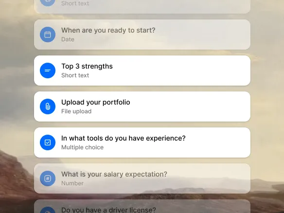 Screening question types in TalentGleam: boolean, single-select, multi-select, numeric, date, text, and file upload
