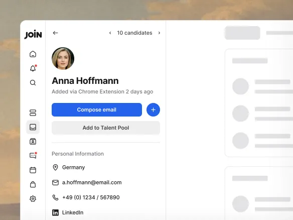 Talent pool view in TalentGleam showing saved candidates tagged by role and skill